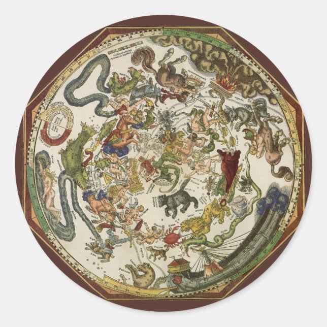 Pegatina Redonda Planisferio Celeste Antiguo Mapa Celeste de Peter  (Anverso)