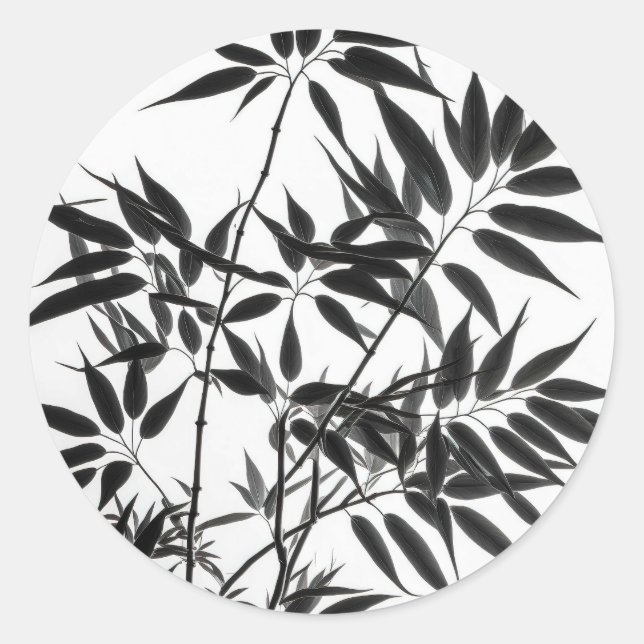 Pegatina Redonda Planta de bambú blanco y negro (Anverso)