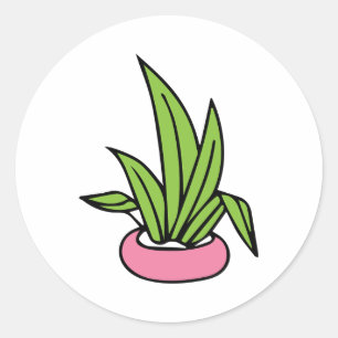 Pegatina Redonda Planta de hojas verdes en Ilustracion de caca rosa