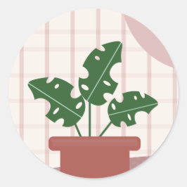 Pegatina Redonda Plantas Cute Monstera Enmarcadas Diseño Bohemio