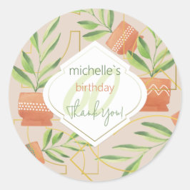 Pegatina Redonda Plantas Frescas En Cuencas De Cerámica Acuarela