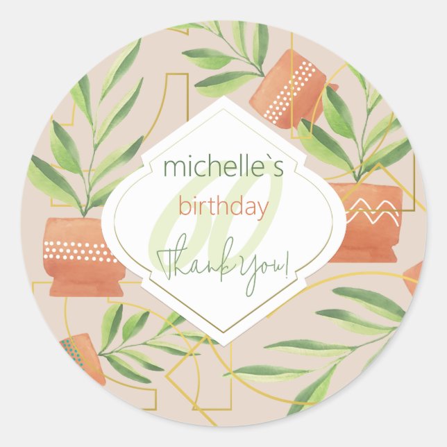 Pegatina Redonda Plantas Frescas En Cuencas De Cerámica Acuarela (Anverso)