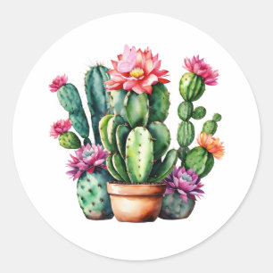 Pegatina Redonda Plantas Suculentas de Acuarela, Cactus en Sangre