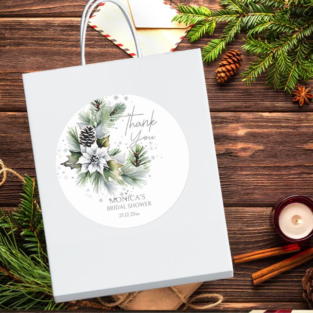 Pegatina Redonda Plantilla de agradecimiento para ducha de novia de (Winter bridal shower template thank you favor sticker elegant watercolor pines white poinsettia)