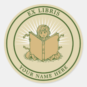 Pegatina Redonda Plantilla de libro de lectura infantil Ex Libris
