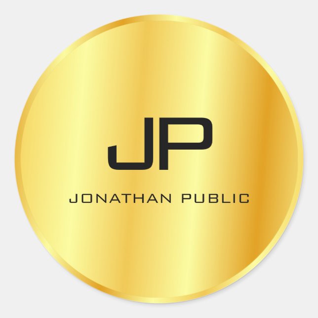 Pegatina Redonda Plantilla de Monograma con Aspecto Metálico de Oro (Anverso)