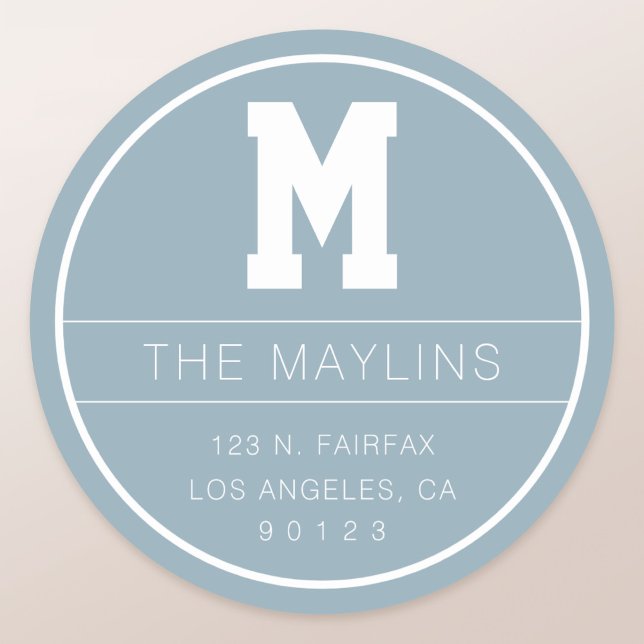 Pegatina Redonda Plantilla de nombre y monograma únicos | Azul polv (Subido por el creador)