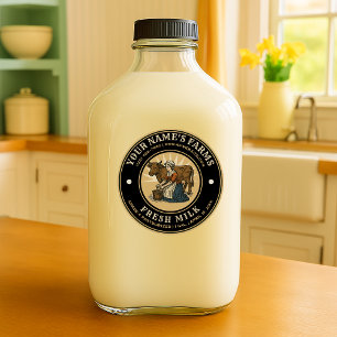 Pegatina Redonda Plantilla de vaca lechera y lechera de leche fresc