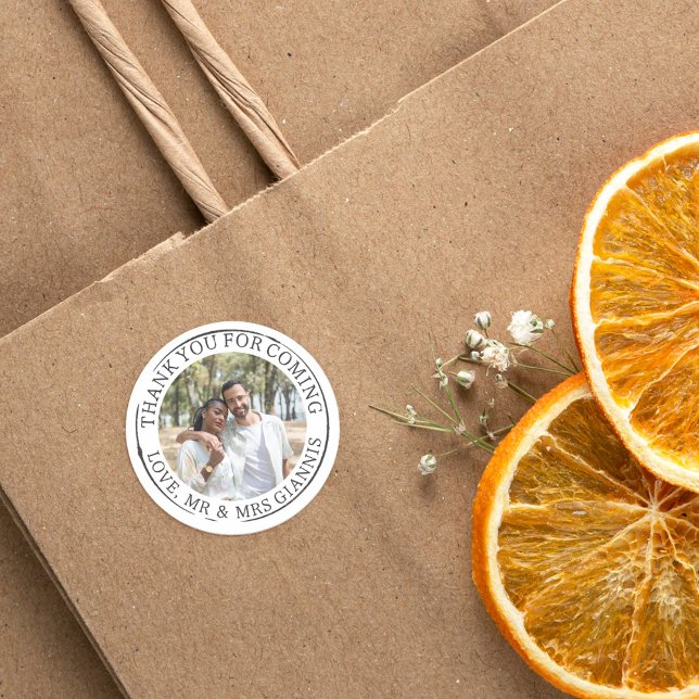 Pegatina Redonda Plantilla fotográfica redonda blanca Gracias Boda (Subido por el creador)