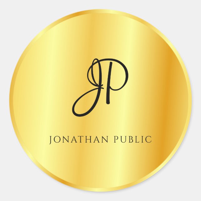 Pegatina Redonda Plantilla Monogramada con Aspecto Metálico Dorado  (Anverso)