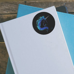 Pegatina Redonda Plata azul de unicornio negro