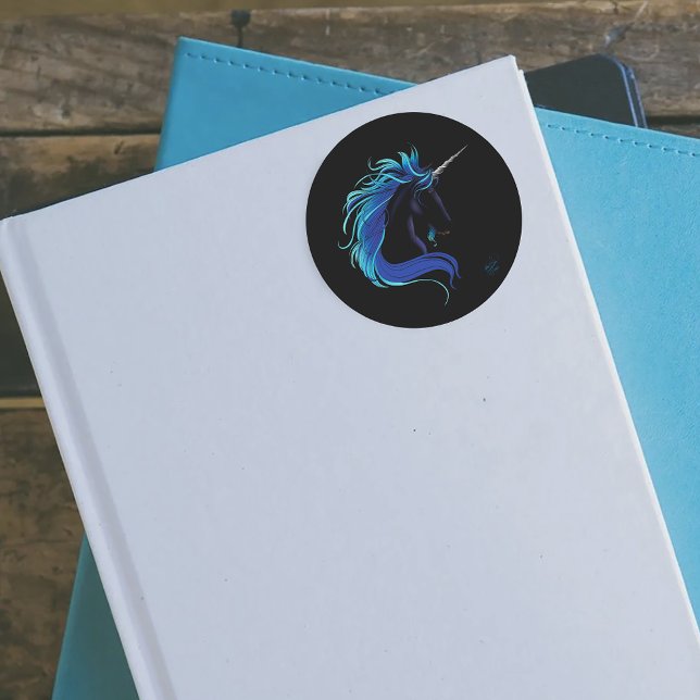 Pegatina Redonda Plata azul de unicornio negro (Subido por el creador)