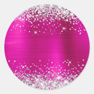 Pegatina Redonda Plata Brillo Metálico Rosa Caliente en Blanco
