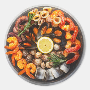 Pegatina Redonda Plata de Mariscos