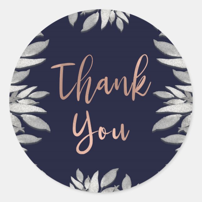 Pegatina Redonda Plata deja Boda rosa azul glam botánico (Anverso)