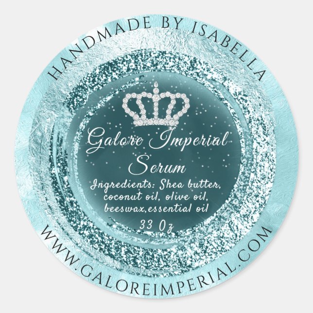 Pegatina Redonda Plata Diamante Crown Blue Frame TealPrincesa Real (Anverso)