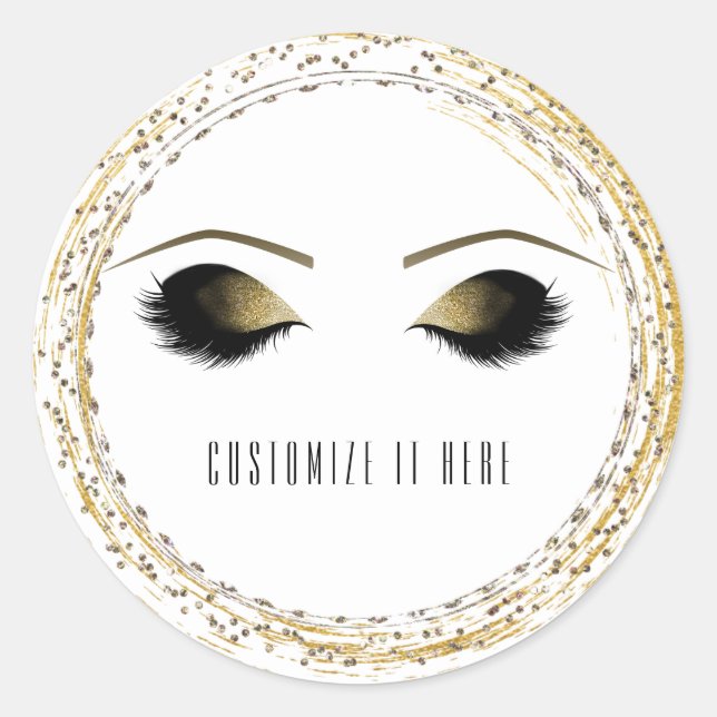Pegatina Redonda Plata Dorado Glam Makeup Eyelashes Personalizados (Anverso)