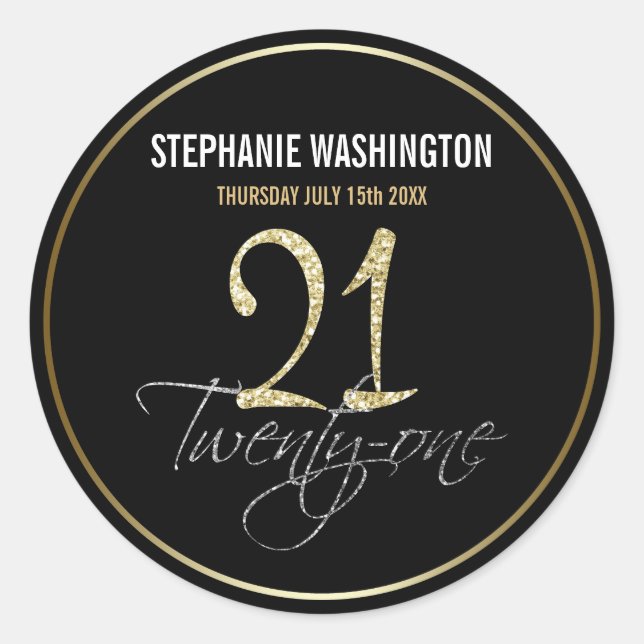 Pegatina Redonda Plata formal, negro y oro Fiesta de cumpleaños 21 (Anverso)