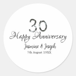 Pegatina Redonda Plata Metálico 30º aniversario feliz agregar nombr