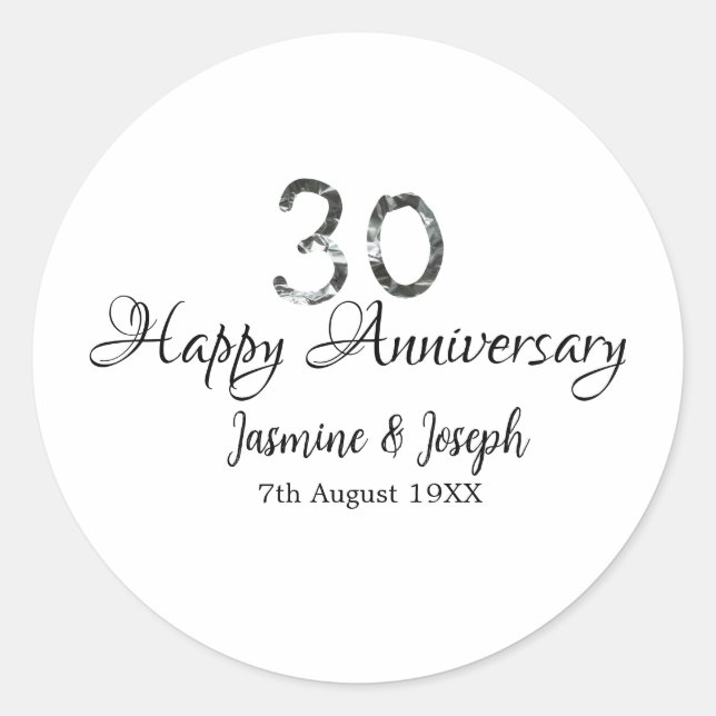 Pegatina Redonda Plata Metálico 30º Feliz aniversario agregar nombr (Anverso)