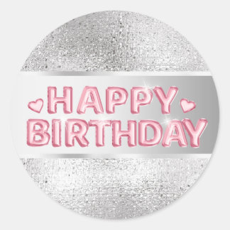 Pegatina Redonda Plata rosa feliz cumpleaños 3d desea a los chicas 