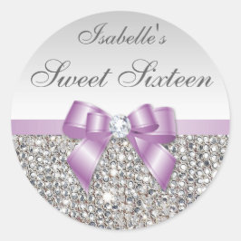 Pegatina Redonda Plata Secuencias Lilac Bow Diamond Sweet Dieciséis