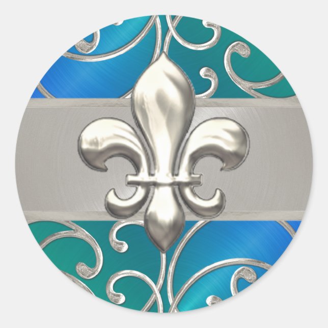 Pegatina Redonda Plata Verde Azul Filigrí Swirls Fleur de Lis (Anverso)