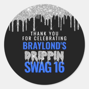 Pegatina Redonda Plata y Blue Drippin Swag 16 Cumpleaños