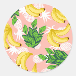 Pegatina Redonda Plátanos amarillo tropical y piñas en rosa