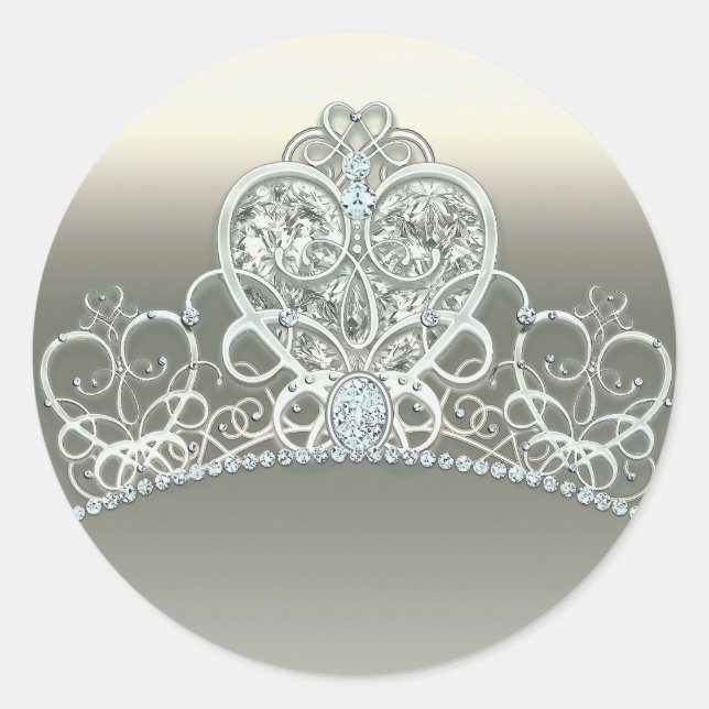Pegatina Redonda Platinum Ivory Princess Heart Tiara Birthday Party (Anverso)