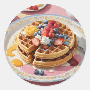 Pegatina Redonda Plato de Desayuno de Waffle de Frutas