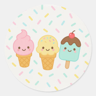 Pegatina Redonda Plato de fiesta de helado Kawaii lindo