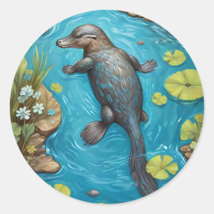Pegatina Redonda Platypus en el río.