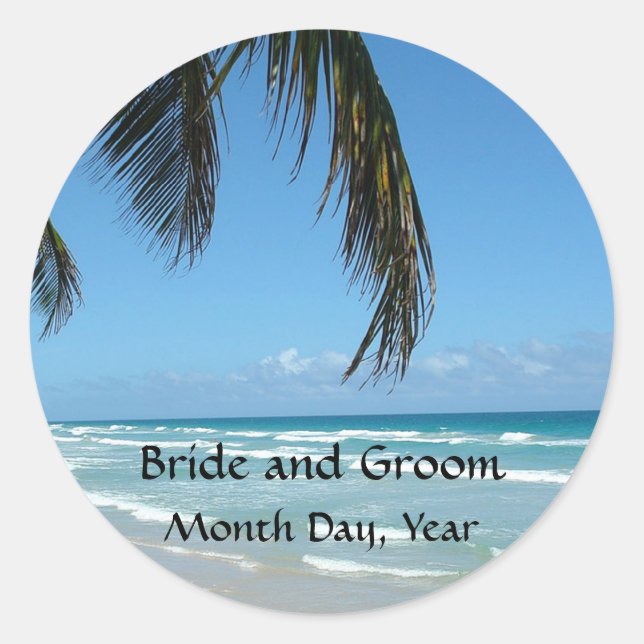 Pegatina Redonda Playa - Agua azul y arena blanca (Anverso)