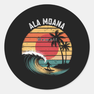 Pegatina Redonda Playa Ala Moana Hawaii Playa Surfing