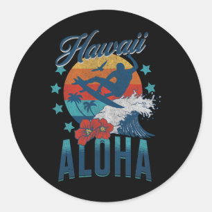 Pegatina Redonda Playa Aloha Hawái Surf Vintage Hawaiano Retro