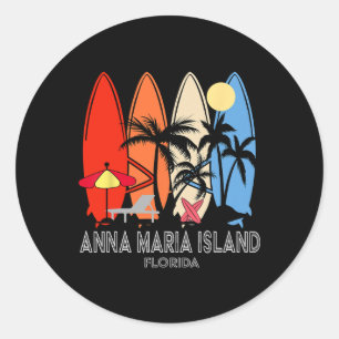 Pegatina Redonda Playa Anna Maria Island Florida Retro Surfboard Vi