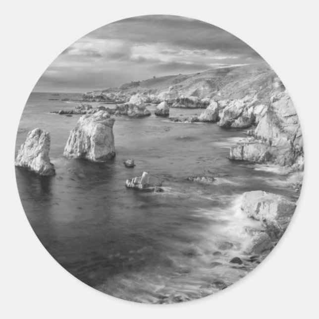 Pegatina Redonda Playa de B&W, California (Anverso)