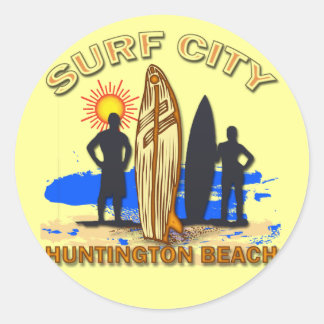 PEGATINA REDONDA PLAYA DE HUNTINGTON DE LA CIUDAD DE SURF