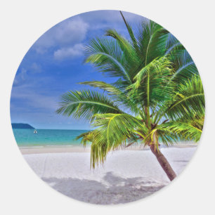 Pegatina Redonda Playa de Isla Tropical Palm Tree Perfecta