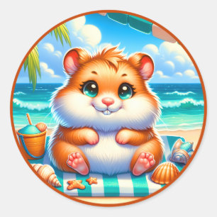 Pegatina Redonda Playa de los amantes de los hamsters de verano