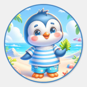 Pegatina Redonda Playa de los amantes del pingüino de verano