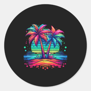 Pegatina Redonda Playa de Palmeras Coloridas Neon Beach Funny Vacat