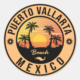 Pegatina Redonda Playa de Puerto Vallarta México. Playa Mexicana