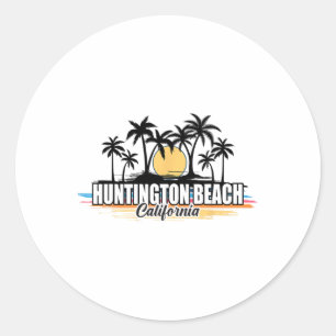 Pegatina Redonda Playa de surf retro de Huntington Beach California