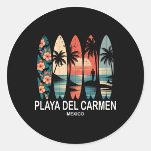 Pegatina Redonda Playa Del Carmen México Tabla De Surf Surf Retro _