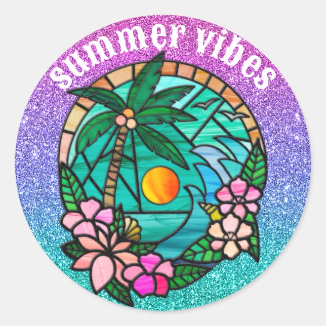 Pegatina Redonda Playa del océano de vacaciones de verano al atarde (Anverso)