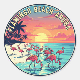 Pegatina Redonda Playa Flamingo en Aruba Travel