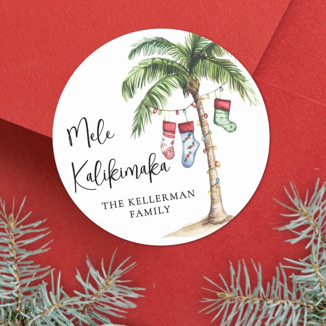 Pegatina Redonda Playa Mele Kalikimaka de Navidad (Mele Kalikimaka Tropical Beach Christmas Classic Round Sticker)