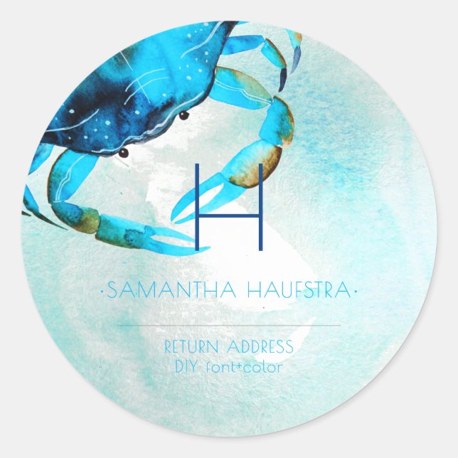 Pegatina Redonda Playa Monograma de cangrejo azul PixDezines (Anverso)